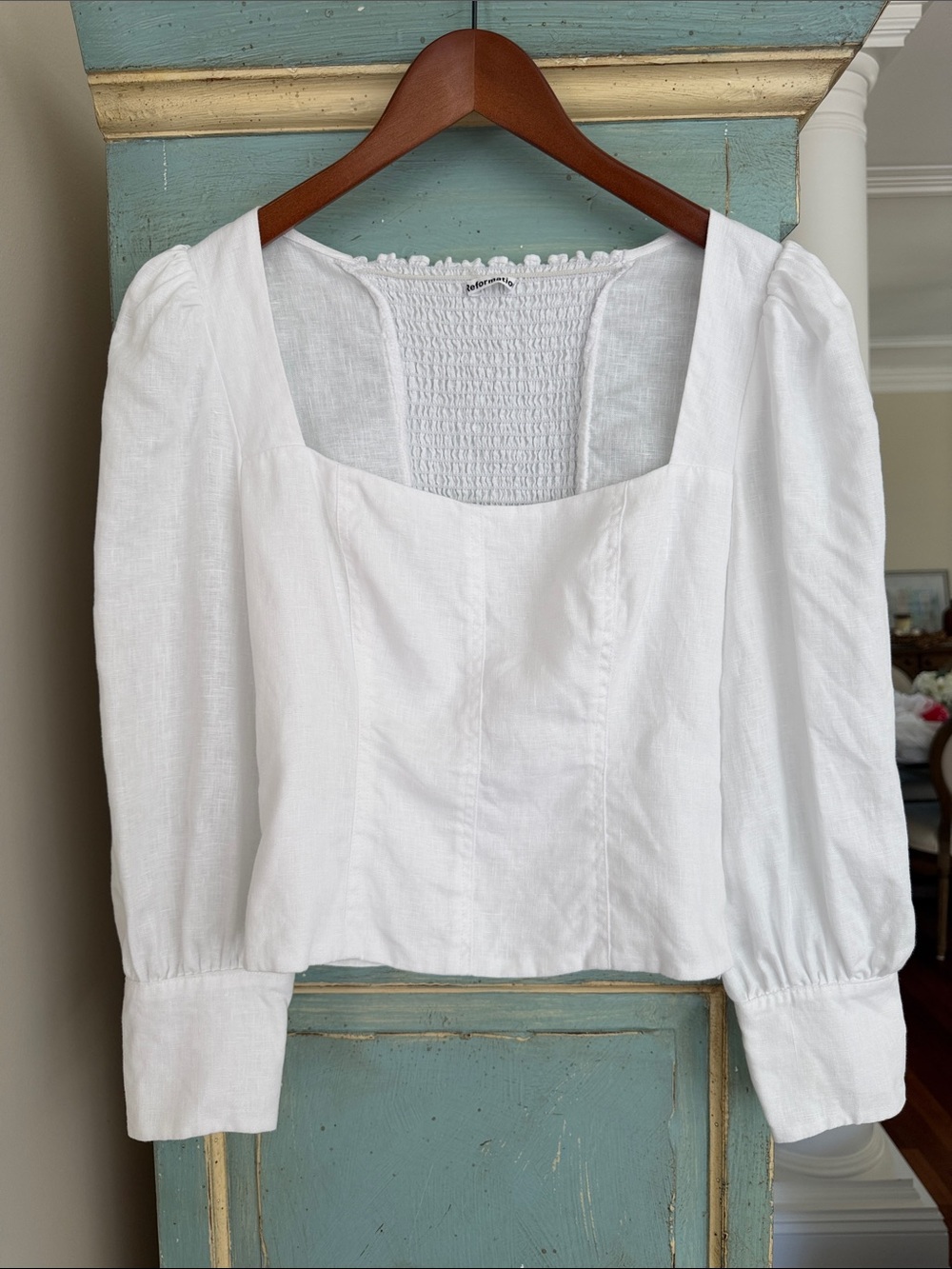 REFORMATION WHITE LINEN STILTON TOP SIZE 6 SQUARE NECK SMOCKED PUFF SLEEVE - Picture 2 of 16